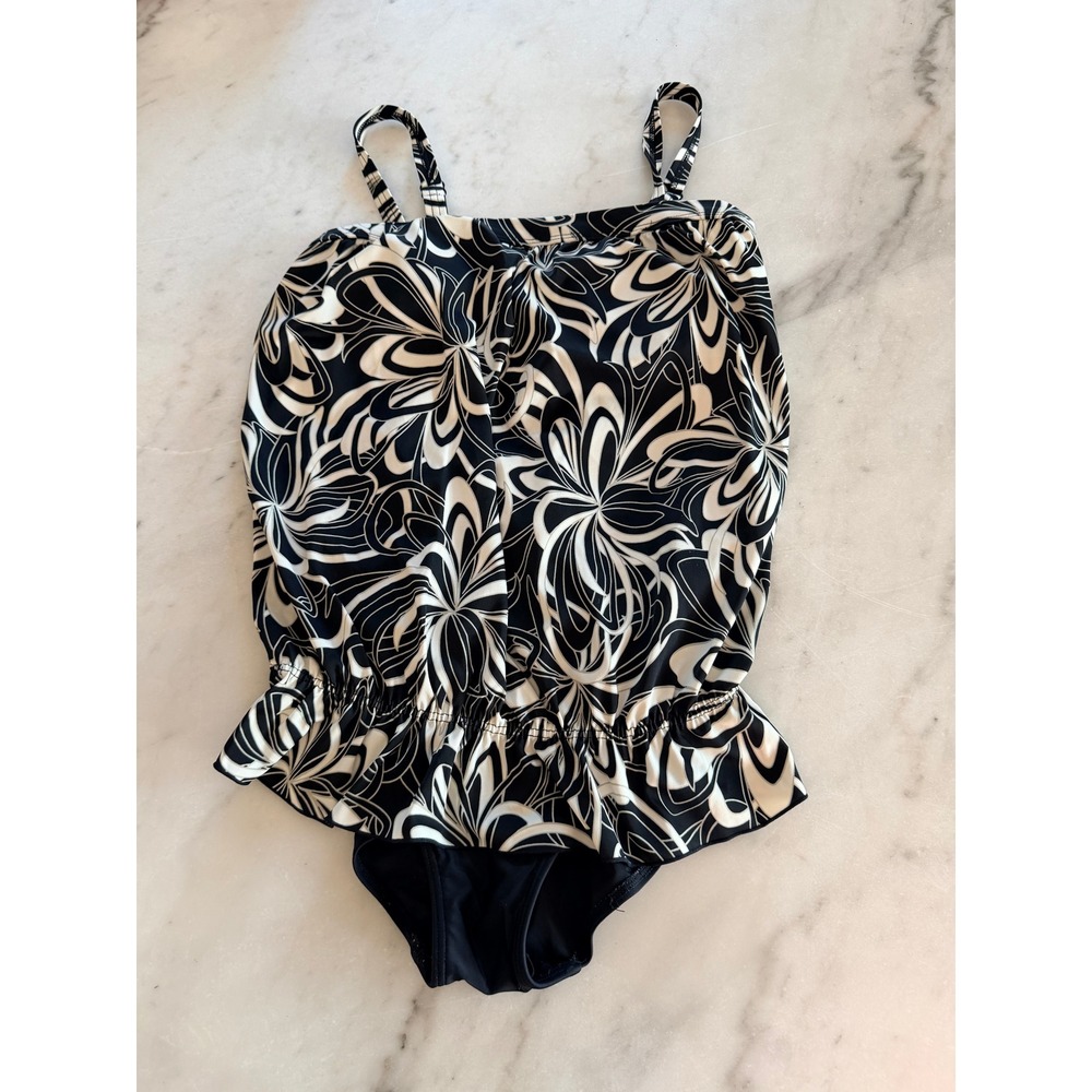 Beachsissi Black White Abstract Floral Blouson Tankini Top Ruffle Hem Womens L